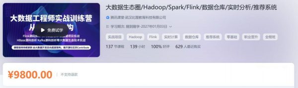 大数据工程师实战训练营 Hadoop/Spark/Flink/数仓等 视频+资料(40G)-888资源网